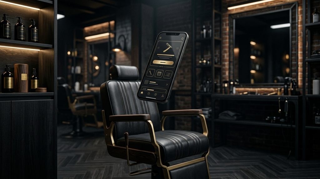 Móvil con app oscura y dorada flotando sobre un sillón de barbero