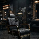 Móvil con app oscura y dorada flotando sobre un sillón de barbero