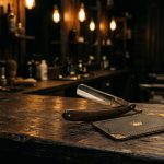 Navaja de barbero y tarjeta de fidelidad de cuero con corona dorada sobre mostrador de madera