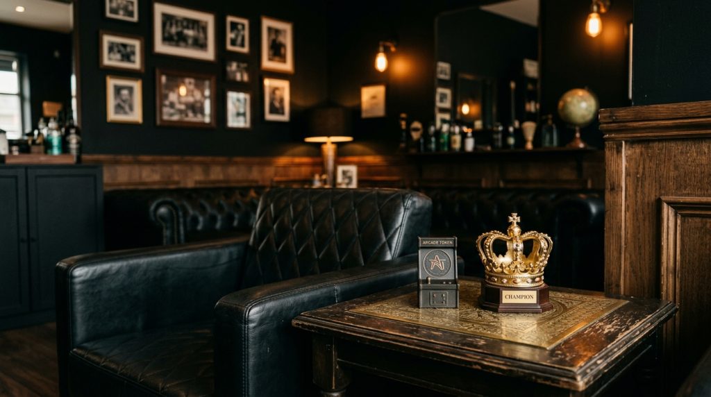 Sala de espera de barbería con trofeo dorado y ficha de juego arcade