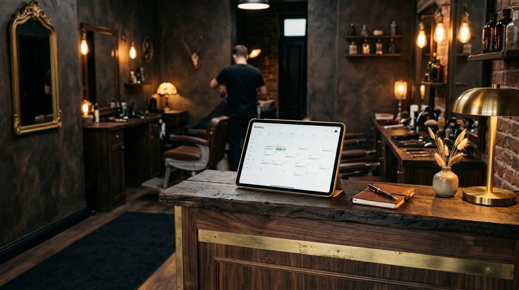Recepción de barbería con tablet mostrando un calendario de reservas