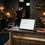 Recepción de barbería con tablet mostrando un calendario de reservas